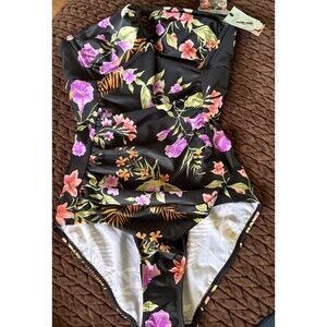 Shade and Shore swimsuit Black With Flowers Small